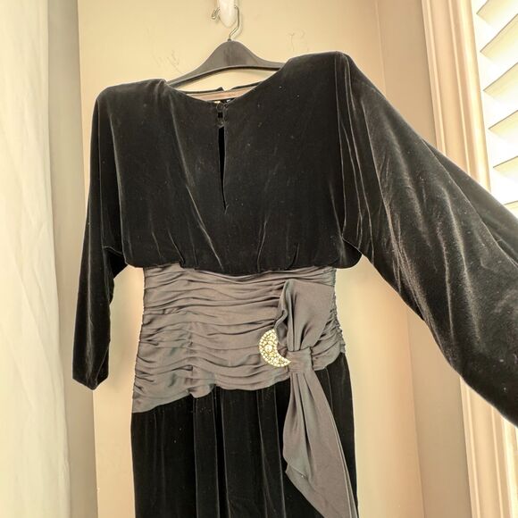 VTG 80s A.J. Bari Dress  Silk, Rayon, Velvet, Cinch Waist, Rhinestone Bow, SZ 6 - Picture 3 of 9